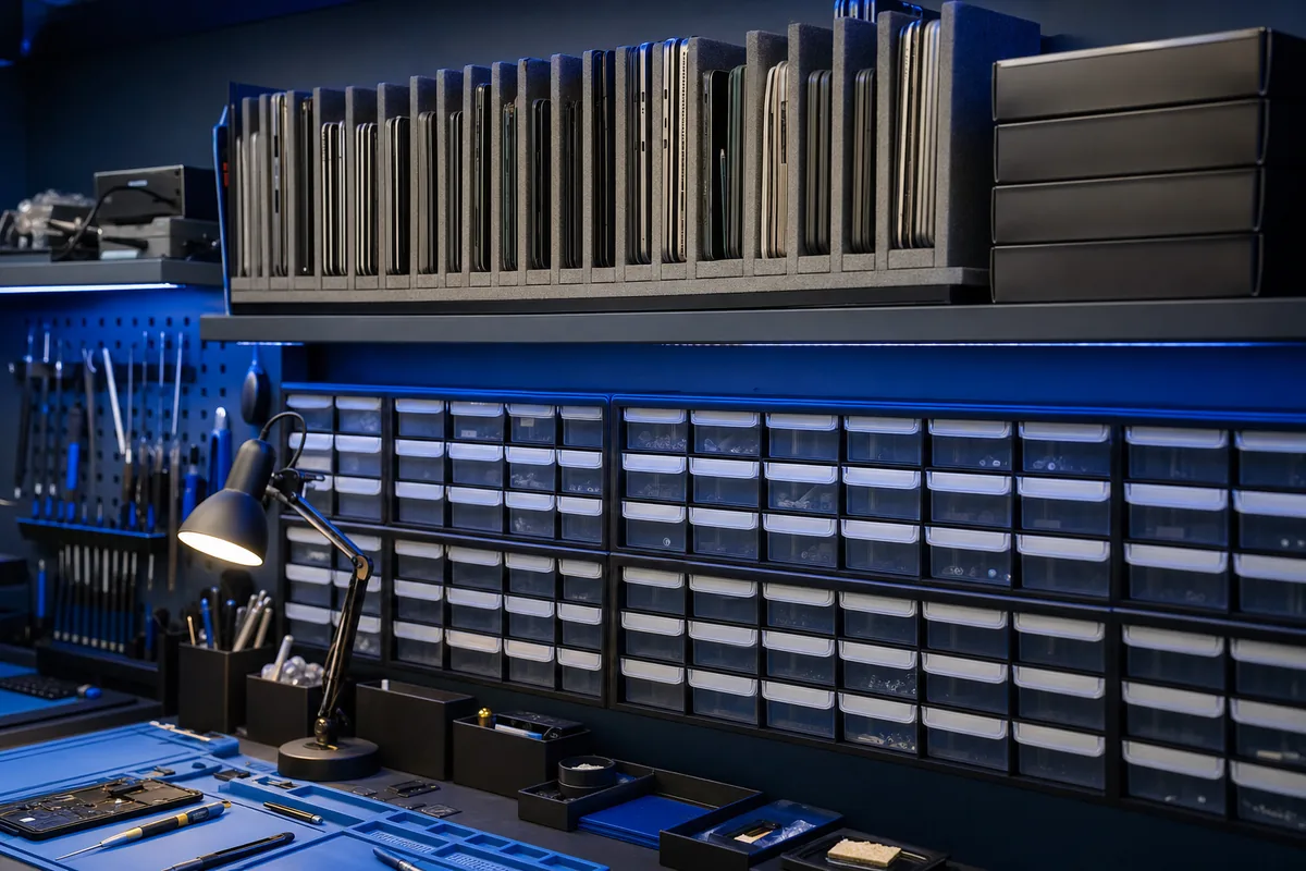 Organized parts wall with replacement screens at C-Tech Repair